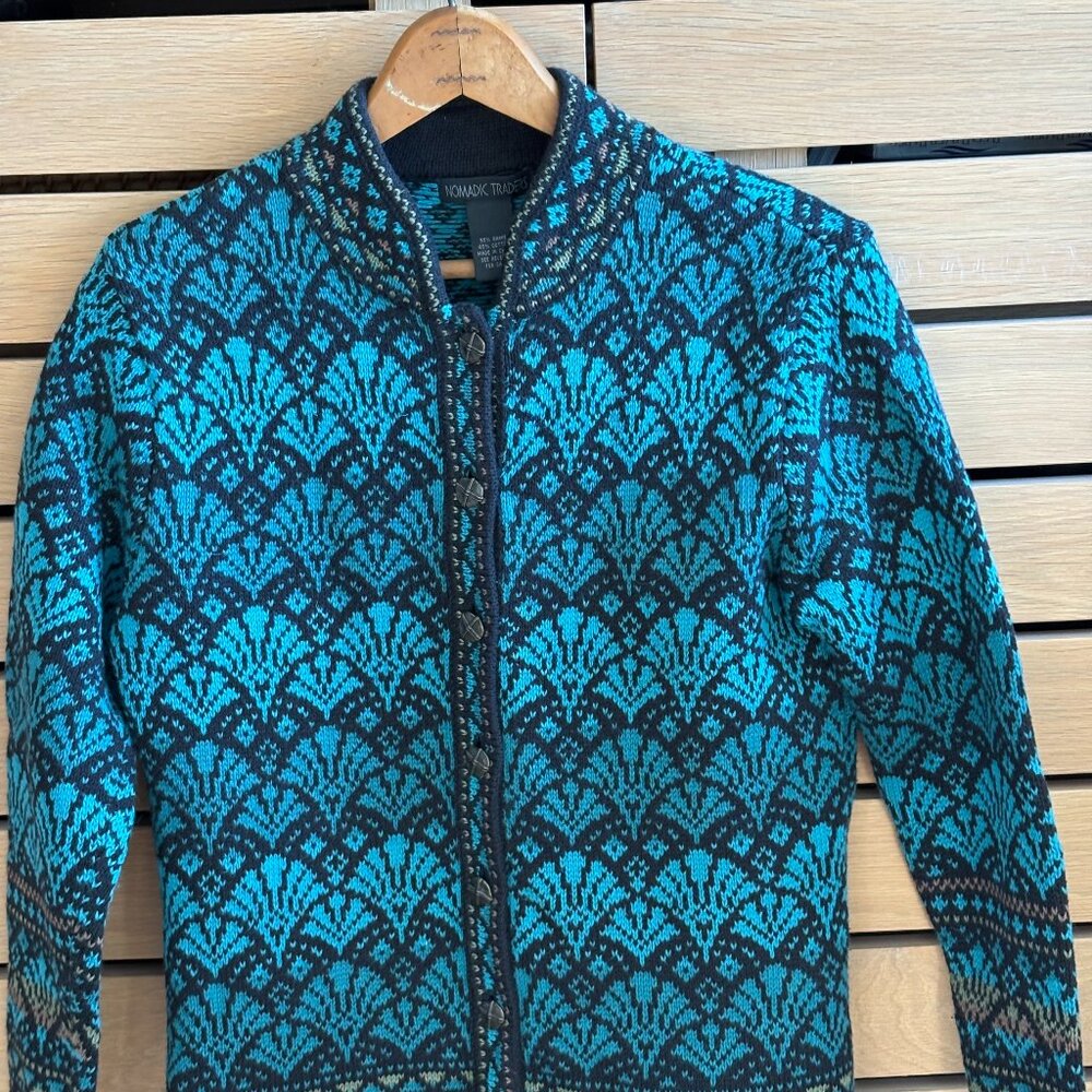 Nordic Traders Scandinavian Fair Isle Cardigan. Teal & Black | Perfect Condition